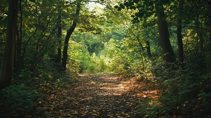 Obraz premium A Sunlit Path Through a Dense Forest