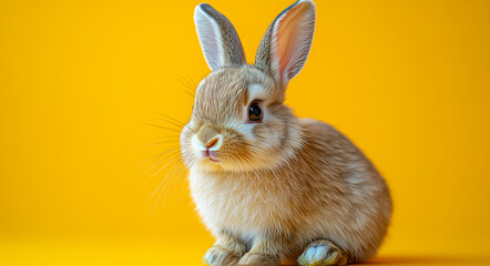 Fototapeta premium A small brown rabbit is sitting on a yellow surface. The rabbit has a curious look on its face and he is looking at the camera