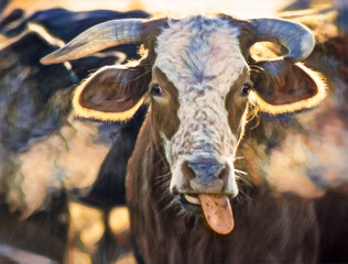 Domestic cow with licking tongue out