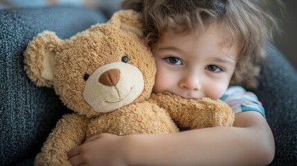 A child hugging a teddy bear, showcasing comfort and innocence.