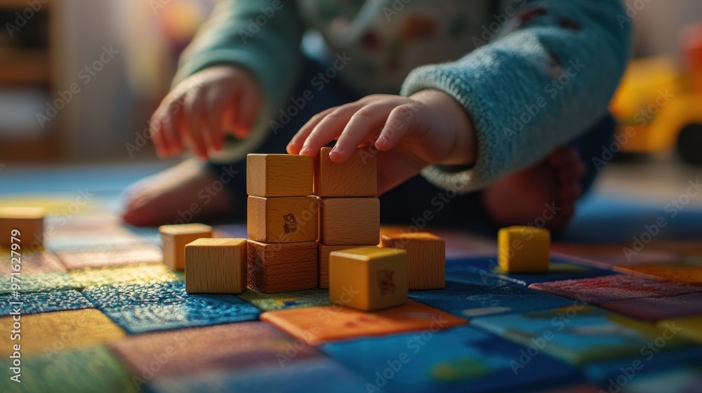 Sticker A child plays with colorful wooden blocks on a textured mat, fostering creativity and learning.