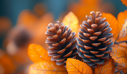 Two pine cones are on a leafy branch. The pine cones are brown and have a natural, earthy feel. Concept of warmth and coziness, as if the viewer is surrounded by nature