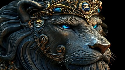 A majestic lion adorned with a regal crown, featuring intricate details and glowing blue eyes.