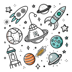 Colorful Outer Space Planets and Spaceships in a Starry Galaxy 