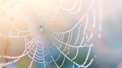 A close-up of a dew-covered spider web glistening in soft light.