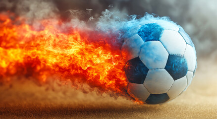 Fototapeta premium A soccer ball is in the air with smoke and fire surrounding it. Concept of excitement and intensity, as if the ball is about to score a goal or make a big play