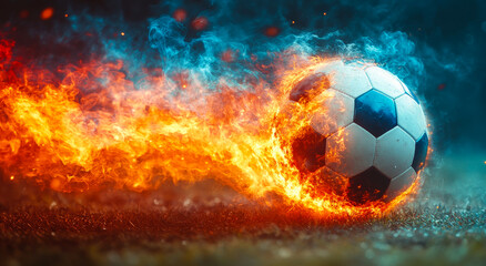 Fototapeta premium A soccer ball is surrounded by fire, creating a dramatic and intense scene. The ball is the main focus of the image, drawing attention to its position in the midst of the flames