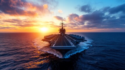 Navy aircraft carrier with planes on deck during sunset highlighting military strength on Navy Day