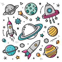 Colorful Outer Space Planets and Spaceships in a Starry Galaxy 