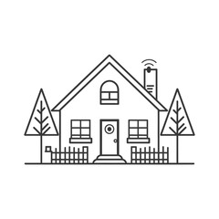 Fototapeta premium Black and White Line Drawing of a Smart Home with Trees and Fences