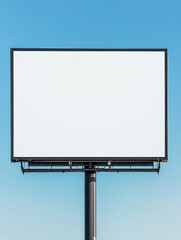 Fototapeta premium A blank billboard stands alone against a clear blue sky, offering a perfect canvas for future advertisements and messages.