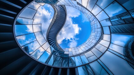 Naklejka premium A spiraling staircase framed by glass and clouds, creating a dynamic architectural perspective.