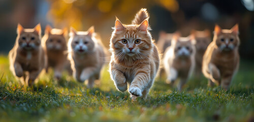 Obraz premium A group of cats are running through a field. The cats are orange and white