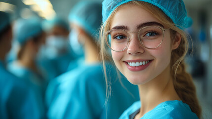 Fototapeta premium A woman wearing a blue lab coat and a blue surgical cap is smiling. She is wearing glasses and has a white band around her neck