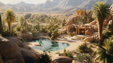 Oasis with Temple and Palm Trees in a Desert Valley