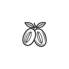 Black and white line drawing of two olives with leaves