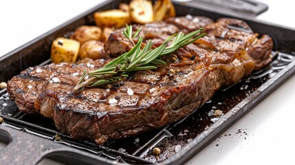 Juicy Steak Sizzling on Grill with Gourmet Garnishes