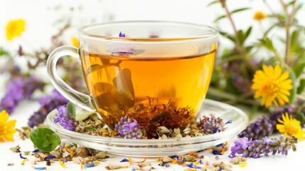 Fototapeta premium Aromatic Herbal Tea in Clear Glass Cup with Flower Decoration