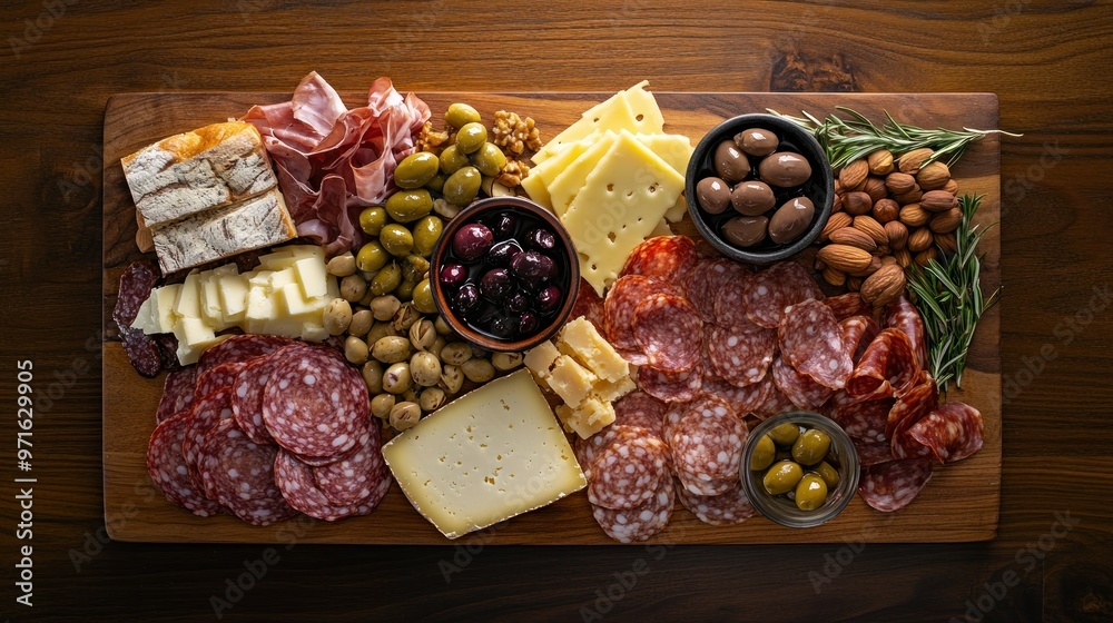 Canvas Prints A beautifully arranged charcuterie board featuring meats, cheeses, olives, and nuts.