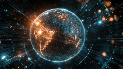 Obraz premium A digital representation of Earth with glowing lines and particles, symbolizing technology and connectivity.
