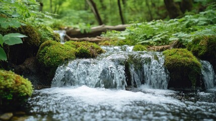 Naklejka premium A serene stream flowing over moss-covered rocks in a lush green forest.