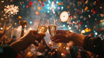 People clinking glasses of champagne at a party. New Year's party, concerts, serpentine, fun, alcohol, celebration.