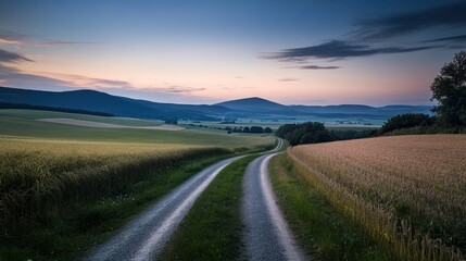 A winding road through fields and hills at dusk, showcasing a serene landscape.
