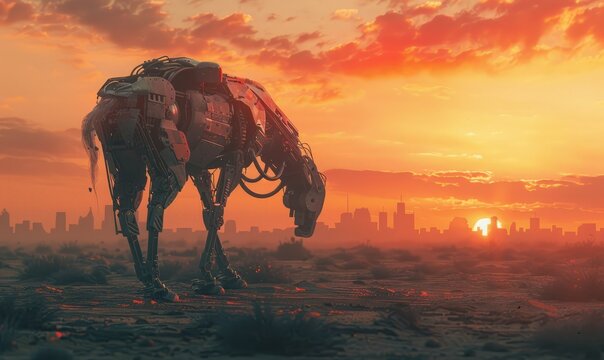Animal robot walking through desert. A futuristic landscape with a silhouetted city on the horizon. Apocalyptic nature. A robotic mechanical cyborg horse or camel. A tired Bionicle horse with