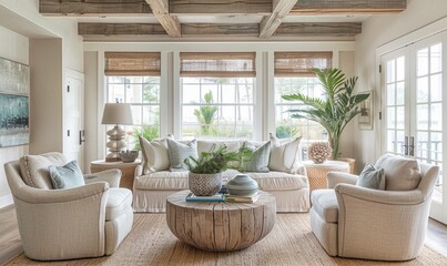 Fototapeta premium beautiful small space casual living family room soft neutral wood beams and a gorgeous grouping of swivel color fabric chairs around a striking coffee table coastal design nature freshness home