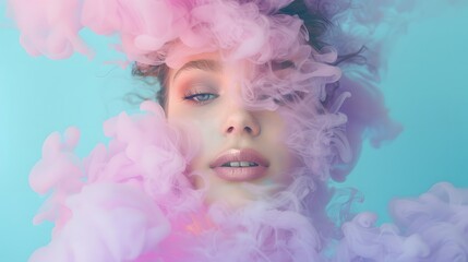 Young woman surrounded by a purple pink cloud of smoke