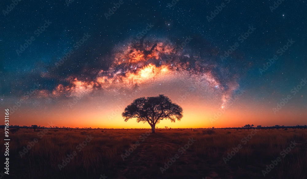 Wall mural a tree stands in a field of grass under a starry sky. the sky is filled with stars, and the tree is 