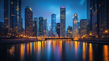 Fototapeta premium A vibrant city skyline at dusk, reflecting on the water with illuminated buildings.