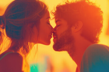 Young heterosexual couple sharing a tender kiss during sunset on a warm summer evening