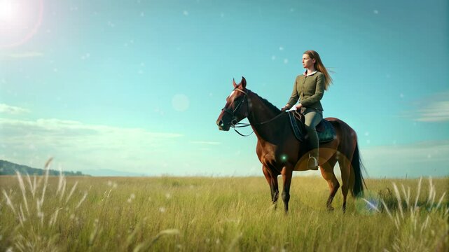 a long-haired woman riding a horse in the middle of a meadow