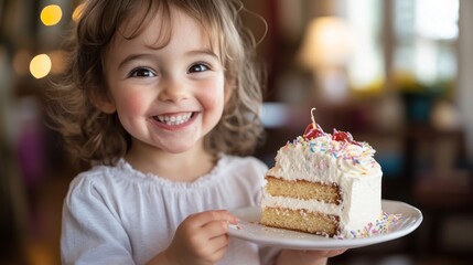 A joyful child holding a slice of cake, celebrating with a big smile.