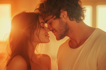 White heterosexual couple sharing a loving kiss during sunset in a warm, intimate setting indoors
