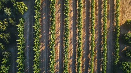 Aerial view of a vineyard with rows of grapevines.