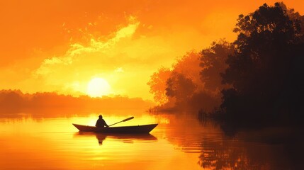 Silhouette of a Man Rowing at Sunset