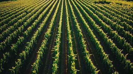 Fototapeta premium Aerial view of a vineyard with rows of grape vines.