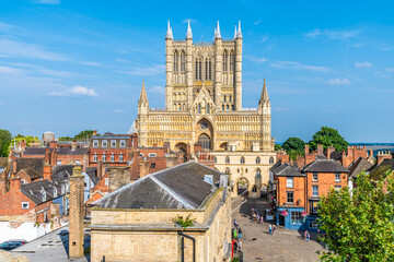 A direct face on view of the cathedral district towards the cathedral in Lincoln, Lincolnshire in summertime