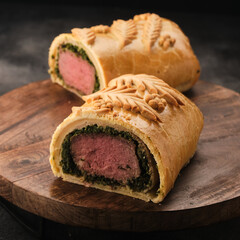 Gourmet beef wellington on wooden board