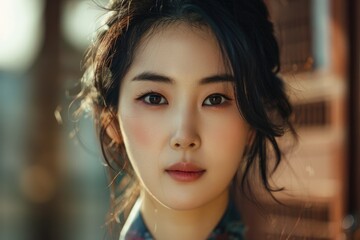 Fototapeta premium Captivating portrait of a korean individual with traditional clothing and ambient sunlight AI