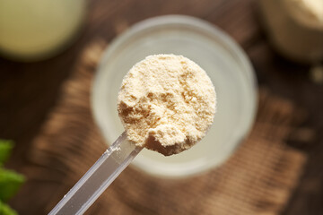 Whey protein powder in a measuring cup above a glass of whey, top view