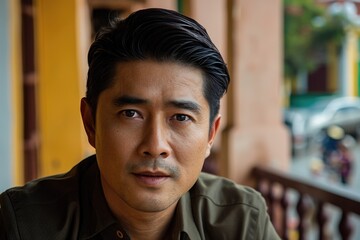 Fototapeta premium Portrait of a vietnamese man with thoughtful expression AI