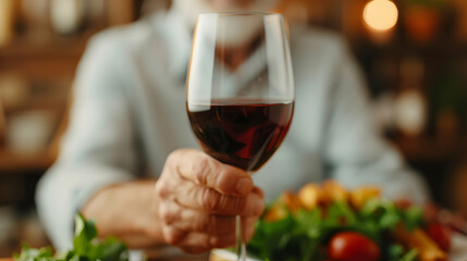 Obraz premium Wine Cheers And Senior Friends Lunch Home