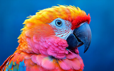 Obraz premium A colorful parrot with a red beak and a blue background. The parrot is looking directly at the camera