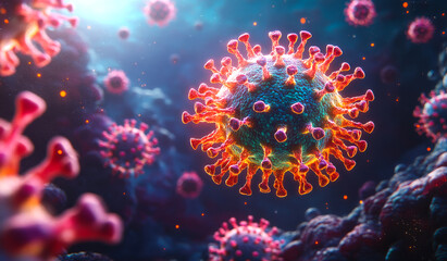 A close up of a virus with a red and green color scheme. The virus is surrounded by other viruses, creating a sense of chaos and danger