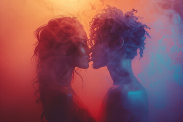 Romantic kiss between two naked lovers shrouded in colorful smoke at sunset