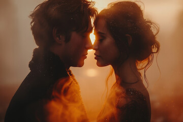 Romantic sunset kiss between a couple in a serene outdoor setting surrounded by a dreamy haze in elegant outfit