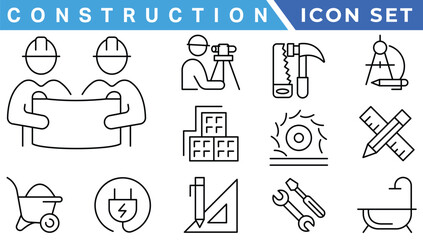 construction simple line isolated icon collection. Editable Stroke. Repair, Renovation, Work Tools, Materials